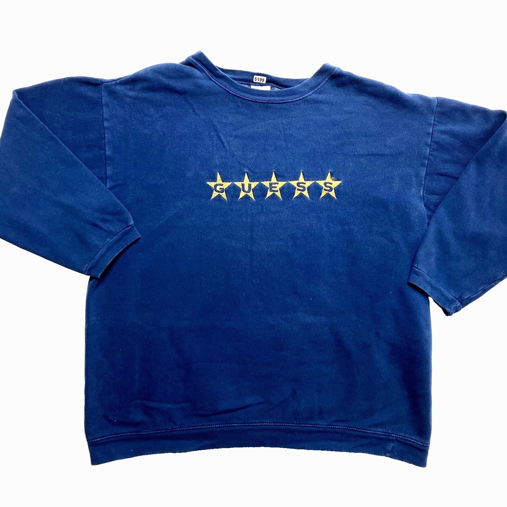 Vintage 90s Guess Sweatshirt Mens Medium Blue Embroidered Chest Logo Pullover